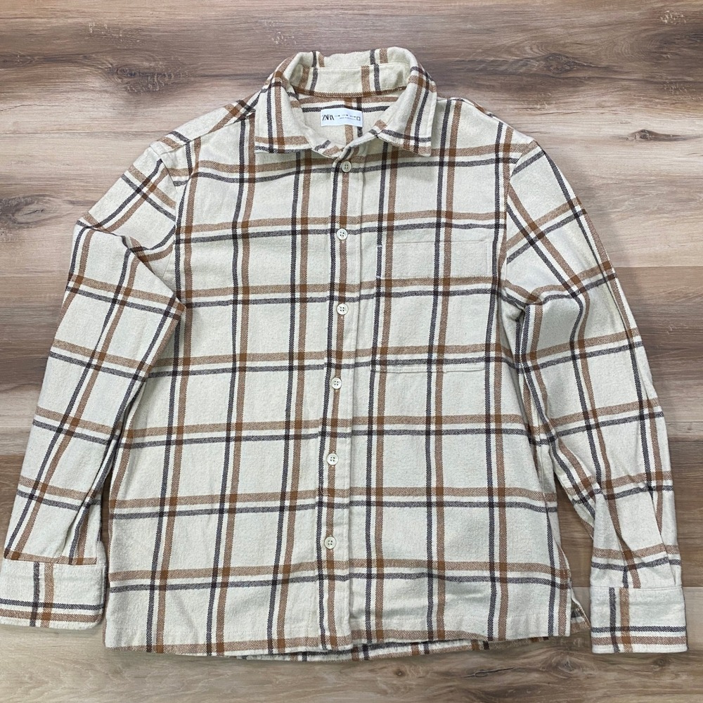 Zara Plaid Flannel Shirt Size M Mens Cream Brown Button Down Cotton Blend Pocket